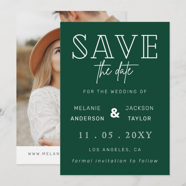 Save The Date Green Modern Calligraphy Photo Enregistrer La Date (Devant / Derrière)
