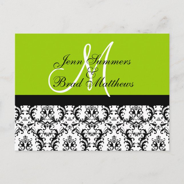 Save the Date Green Monogram Damaskarte Ankündigungspostkarte (Vorderseite)