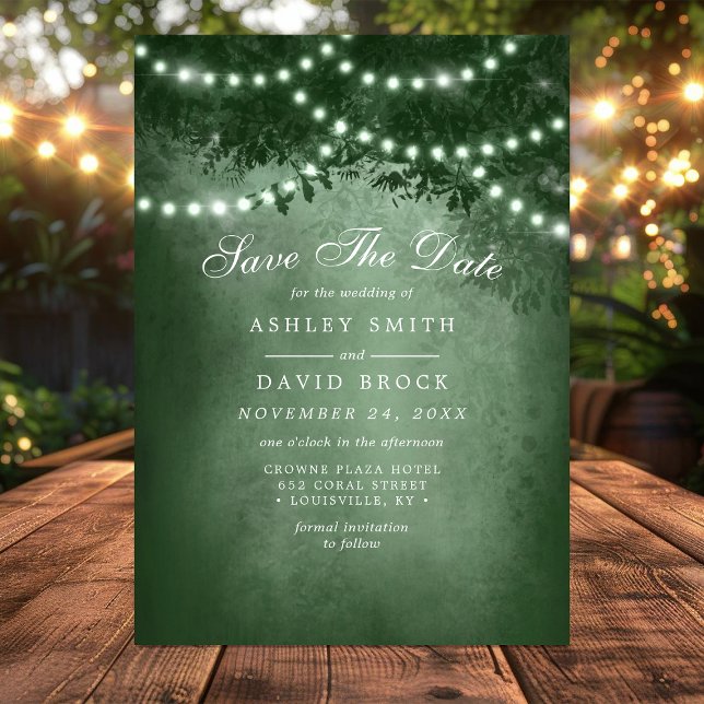 Save The Date Green Rustic Tree String Lights Enregistrer La Car (Créateur téléchargé)