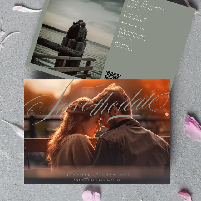 Save The Date Grey Green Classic Elegant QR Code Mariage photo (Créateur téléchargé)