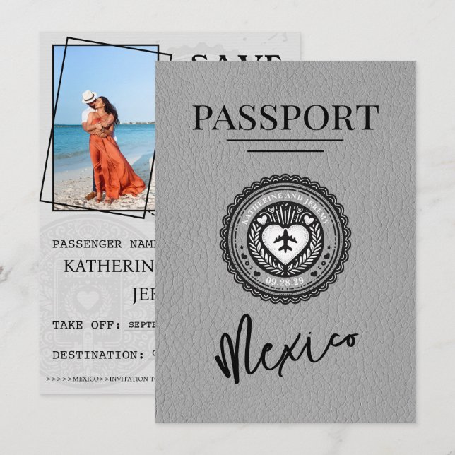 Save The Date Grey Mexique Passeport Enregistrer La Date (Devant / Derrière)