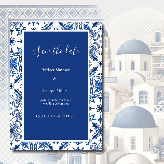 Save the Date griechisch-blau-weiß-elegante Hochze Einladung (Von Creator hochgeladen)