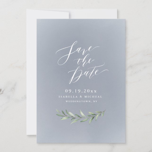 Save The Date Gris calligraphie simple rustique verdure mariage (Devant)