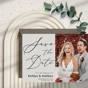 Save The Date Gris Élégant Script Photo moderne Simple Mariage
