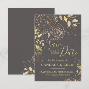 Save The Date Gris & Gold Peony Mariage Floral moderne