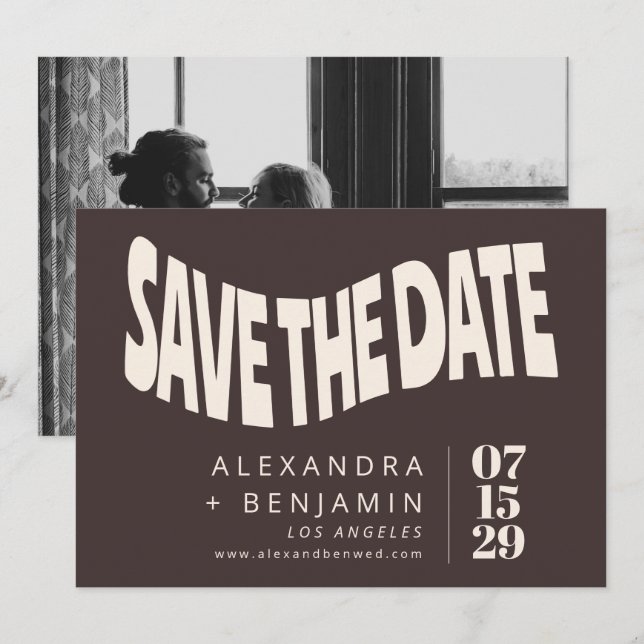 Save The Date Groovy Retro Mod Brown Unique Wedding Photo (Devant / Derrière)