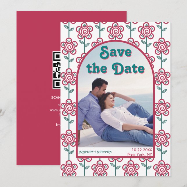 Save The Date Groovymagenta et fleurs turquoises les années 70 p (Devant / Derrière)