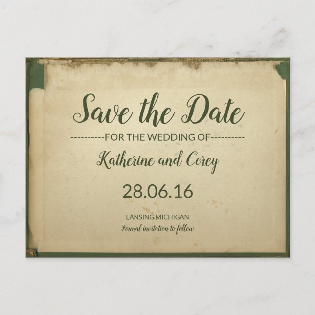 Save the Date Grün/Beige-Hochzeitskleid Postkarte (Vorderseite)