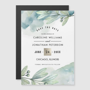 Save The Date. Grüne Blaue Botanische Hochzeit Magneteinladung