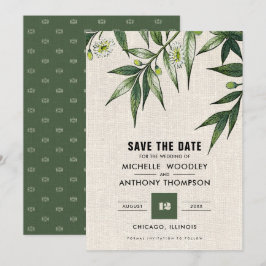 Save the Date. Grüne Botanische Burlap Cards Date