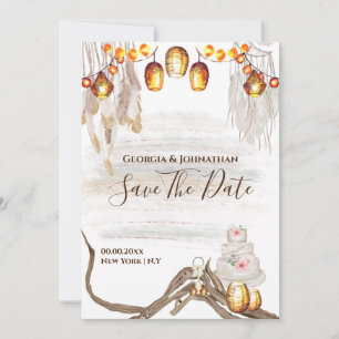 Save The Date Guirlande bohème macramé plumes gâteau chic