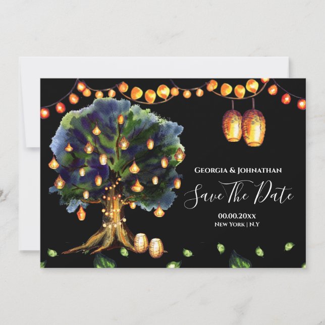 Save The Date Guirlande lumineuse arbre rustique campagne lanter (Devant)