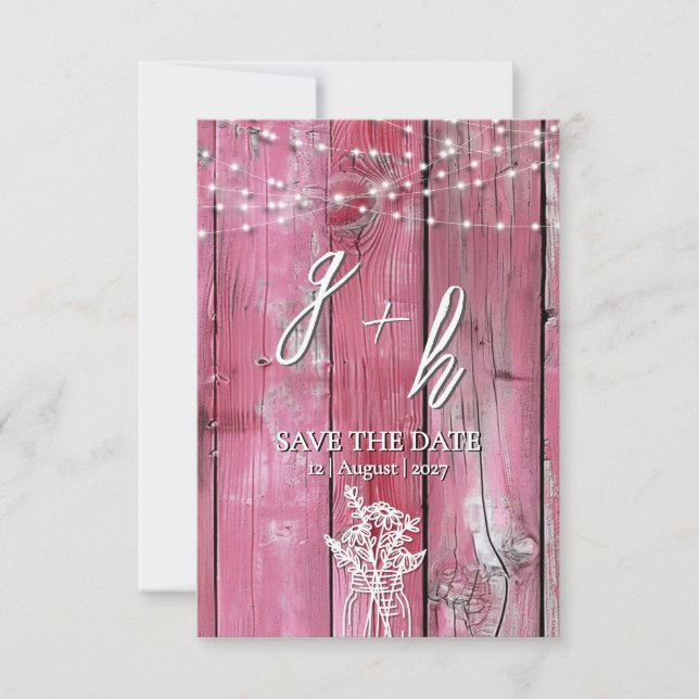 Save The Date Guirlande lumineuse en bois rustique rose vif Jarr (Devant)