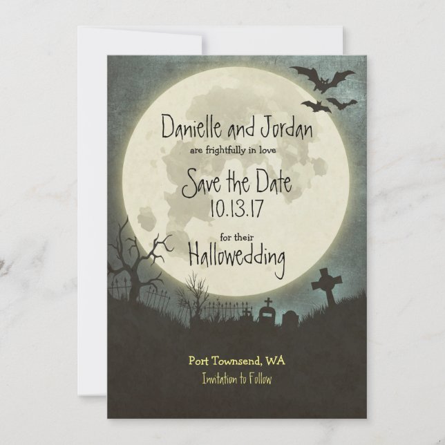 Save the Date Halloween Hochzeit - Mond, Friedhof (Vorderseite)