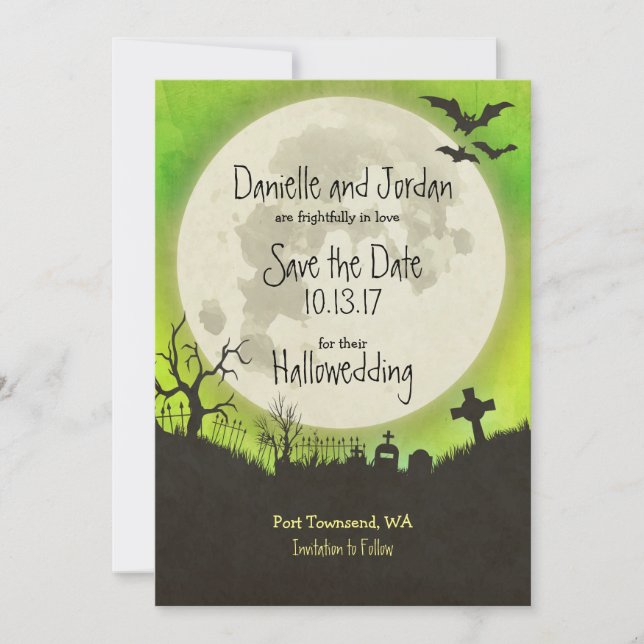 Save the Date Halloween Hochzeit - Mond, Friedhof (Vorderseite)
