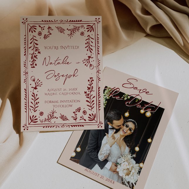 Save The Date Hand Drawn Deep Red Floral Garden Photo Wedding (Créateur téléchargé)