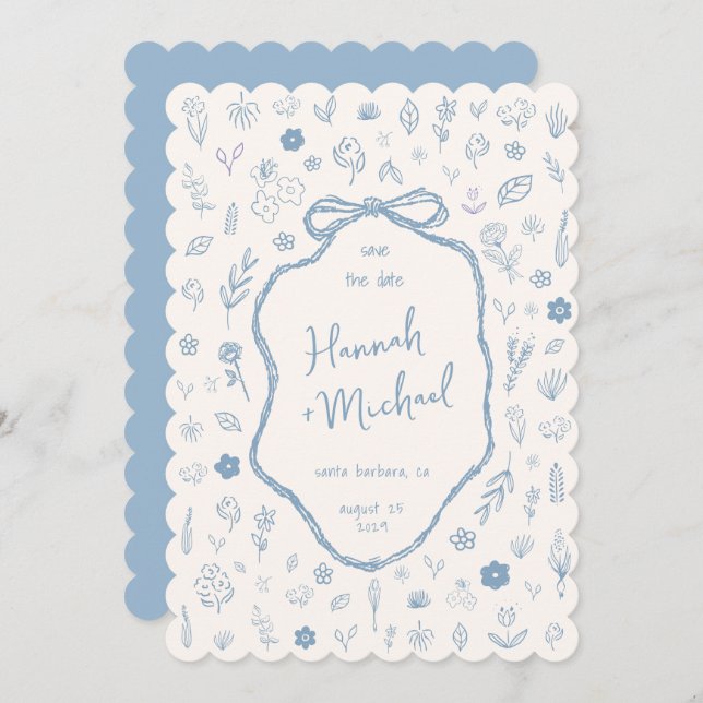 Save The Date Hand Written Drawn Blue Flowers Winter Wedding (Devant / Derrière)