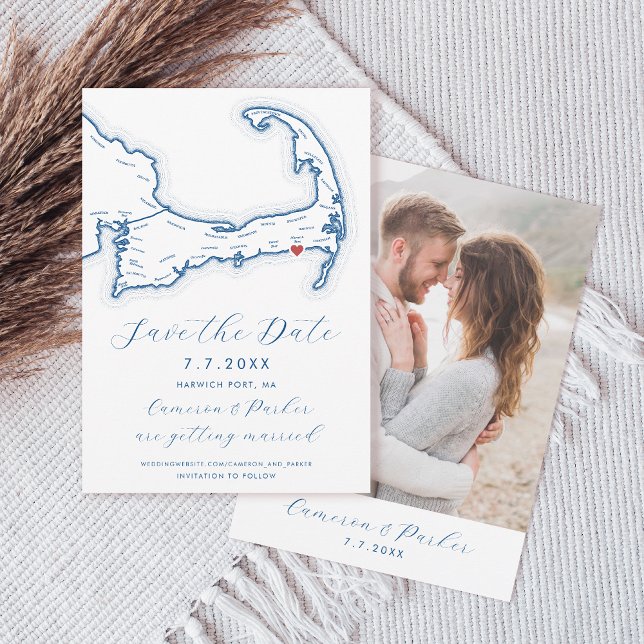 Save The Date Harwich Port MA Cape Cod Map Marine Blue Mariage (Harwich Port MA Cape Cod Map Save the Date with Photo in Elegant Modern Navy Blue Coastal Map Design)