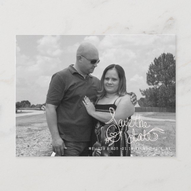 Save the Date Heart Arrow Script Hand Letter Po Postkarte (Vorderseite)
