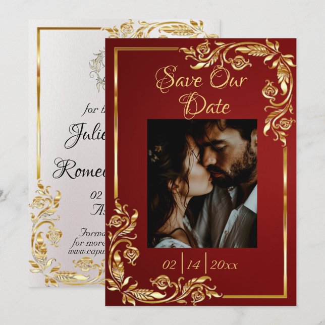 Save The Date Heart, Photo & Gold Frame on Ruby Red (Devant / Derrière)