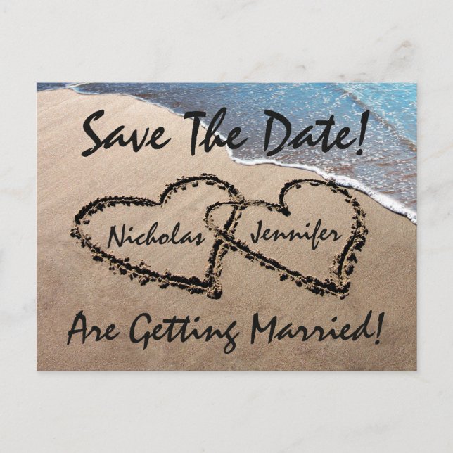 Save the Date Hearts Sand Beach Hochzeit Postkarte (Vorderseite)