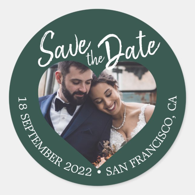 Save the Date Herz Foto Dark Green Runder Aufkleber (Vorderseite)