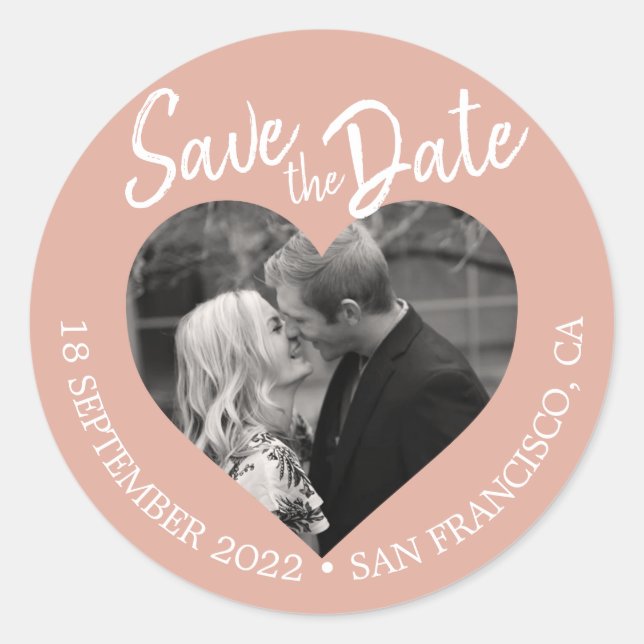 Save the Date Herz Foto Dusty Pink Runder Aufkleber (Vorderseite)