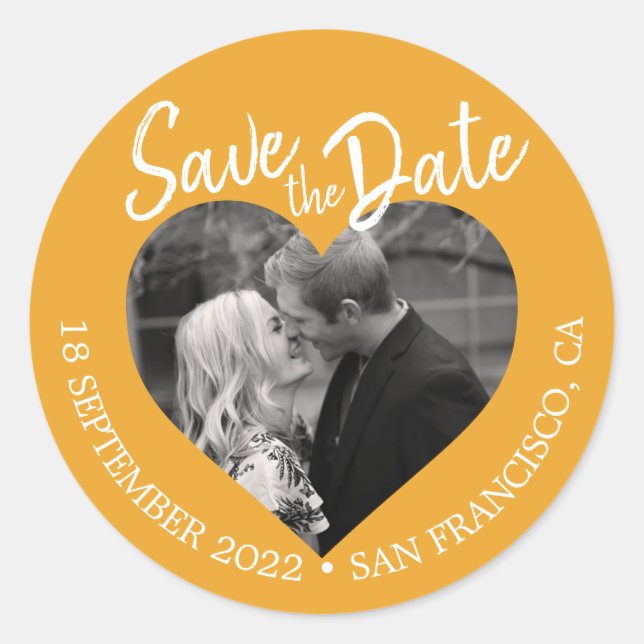 Save the Date Herz Foto Mellow Yellow Runder Aufkleber (Vorderseite)