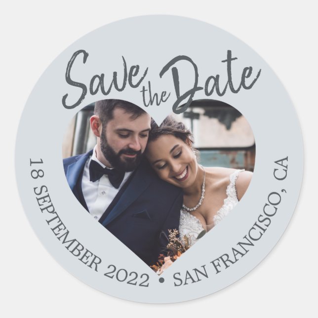 Save the Date Herz Foto Pastel Blue Runder Aufkleber (Vorderseite)