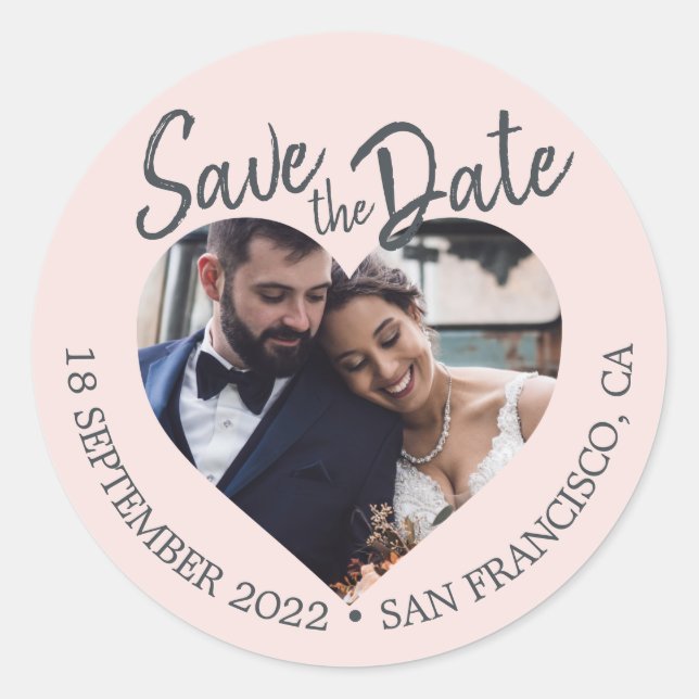 Save the Date Herz Foto Pastell Pink Runder Aufkleber (Vorderseite)