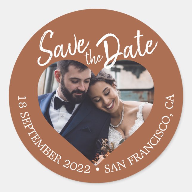 Save the Date Herz Foto TerraCotta Runder Aufkleber (Vorderseite)
