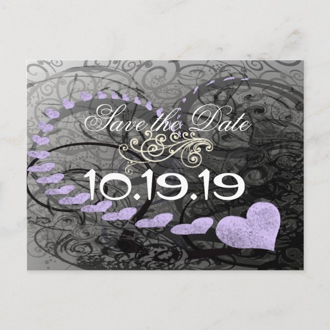 Save the Date Herz und Wirbel Lavender & Gray Ankündigungspostkarte (Vorderseite)