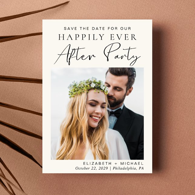 Save The Date Heureusement Jamais Après Mariage Réception Photo  (A stylish save the date announcement for a reception to celebrate your elopement or private wedding)