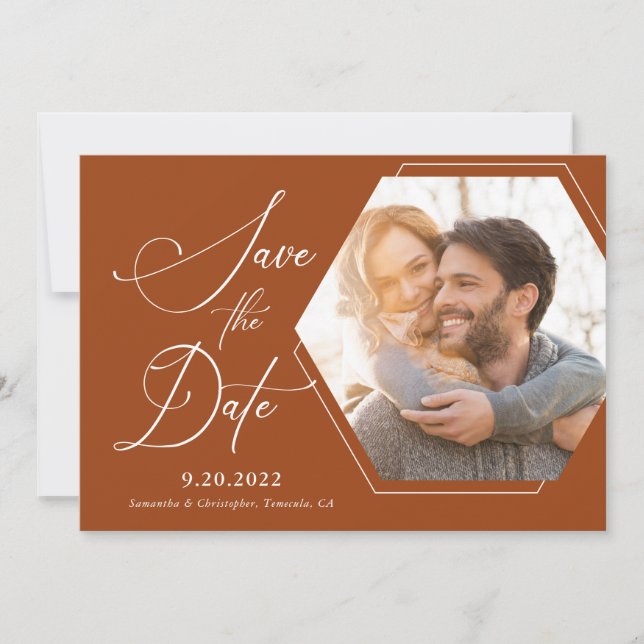 Save The Date Hexagon Modern Photo Script Terracotta (Devant)
