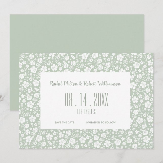 Save The Date Hibiscus Tropical Pale Green Mariage (Devant / Derrière)