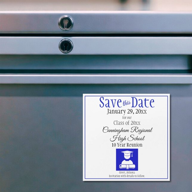 Save the Date High School Wiedersehen-Magnet-Karte Magnetkarte (custom blue and white class reunion save the date magnet)