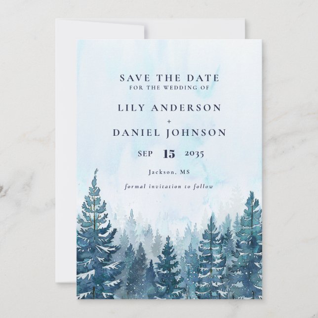 Save The Date Hiver Aquarelle Pine Tree Forest Mariage photo (Devant)