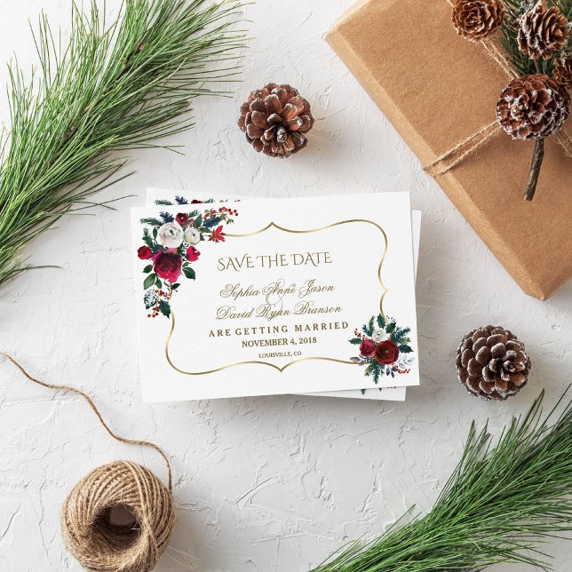 Save The Date Hiver Bourgogne Floral Pine Gold Enregistrer La Da (Créateur téléchargé)