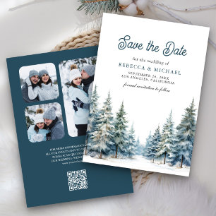 Save The Date Hiver Forêt de pins des neiges Code QR Photo Maria