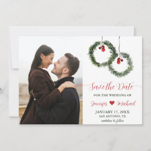 Save The Date Hiver Mariage Pin Wreath Holly Berries Photo