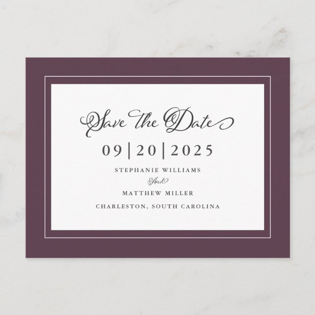 Save the Date Hochzeit Elegante Lila moderne Schri Ankündigungspostkarte (Vorderseite)