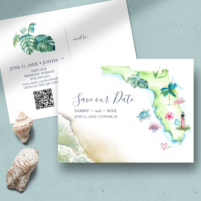 Save the Date Hochzeit in Urlaubsort Florida Karte (Destination wedding invitation with QR code tropical watercolor Florida map by Victoria Grigaliunas)