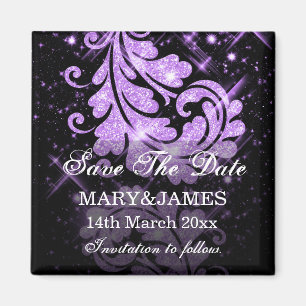 Save the Date Hochzeit Lila Glitzer Blumenbäume Wi Magnet