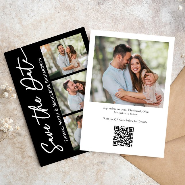 Save the Date Hochzeit Modernes Minimalistisches F Einladung (Save the date photo collage template with black and white typography. )