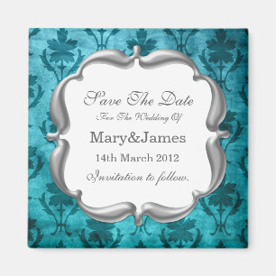 Save the Date Hochzeit Vintages Blumenmuster Blau Magnet