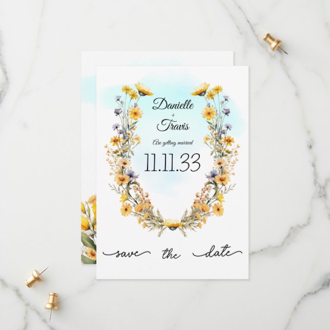 Save the Date Hochzeitsgelbe Blumenmotive (Vorderseite/Rückseite Beispiel)