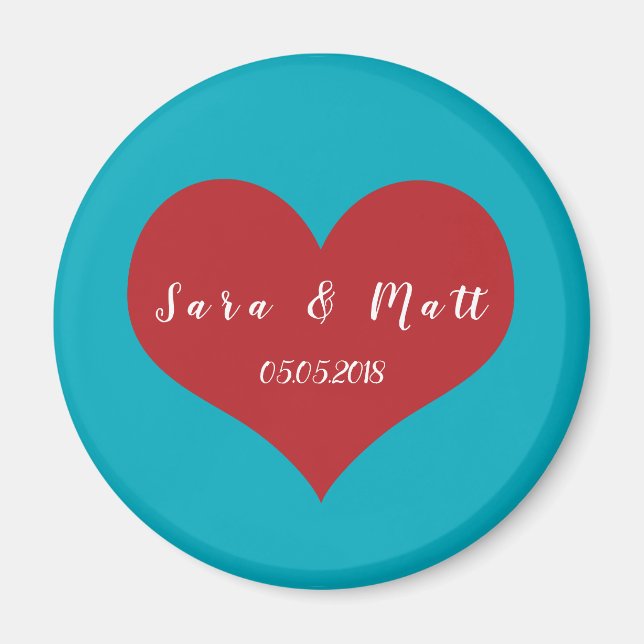 Save the Date Hochzeitsmagnete | Blau + rotes Herz Magnet (Vorne)