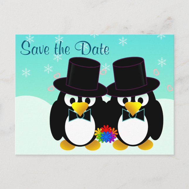 Save the Date Hochzeitspinguine Ankündigungspostkarte (Vorderseite)