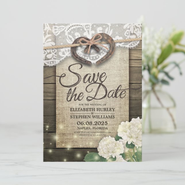Save The Date Horseshoe Hydrangea Mariage campagnard Enregistrer (Debout devant)