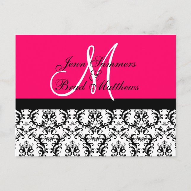Save the Date Hot-Pink-Monogramm-Damaskarte Ankündigungspostkarte (Vorderseite)